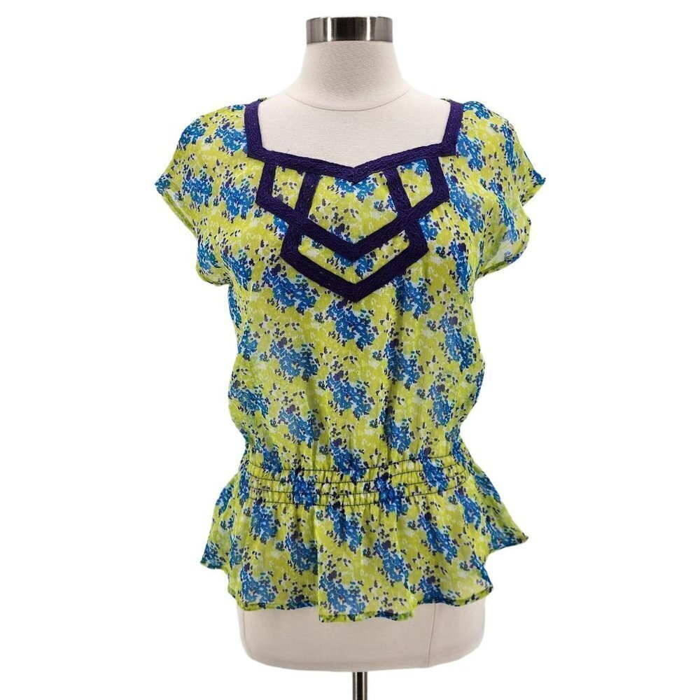 NWT Rock 47 by Wrangler Sheer Floral Green Blue Purple Blouse Top Womens Medium